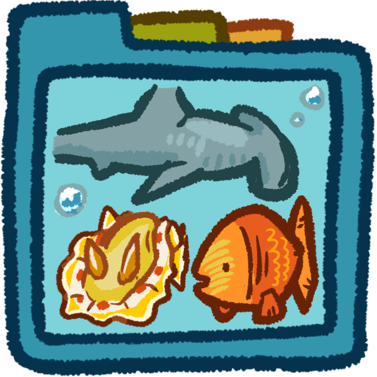 A hammmerhead shark, a sea snail, and a fish inside a teal folder that has green and orange folder tabs behind it